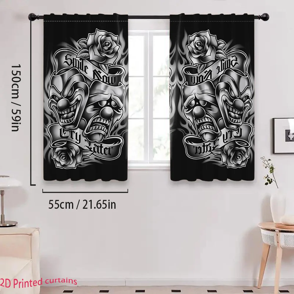 2pcs Clown Mask Rose Pattern Decorative Curtains, Machine Washable, Suitable for Living Room And Bedroom Holiday Decor