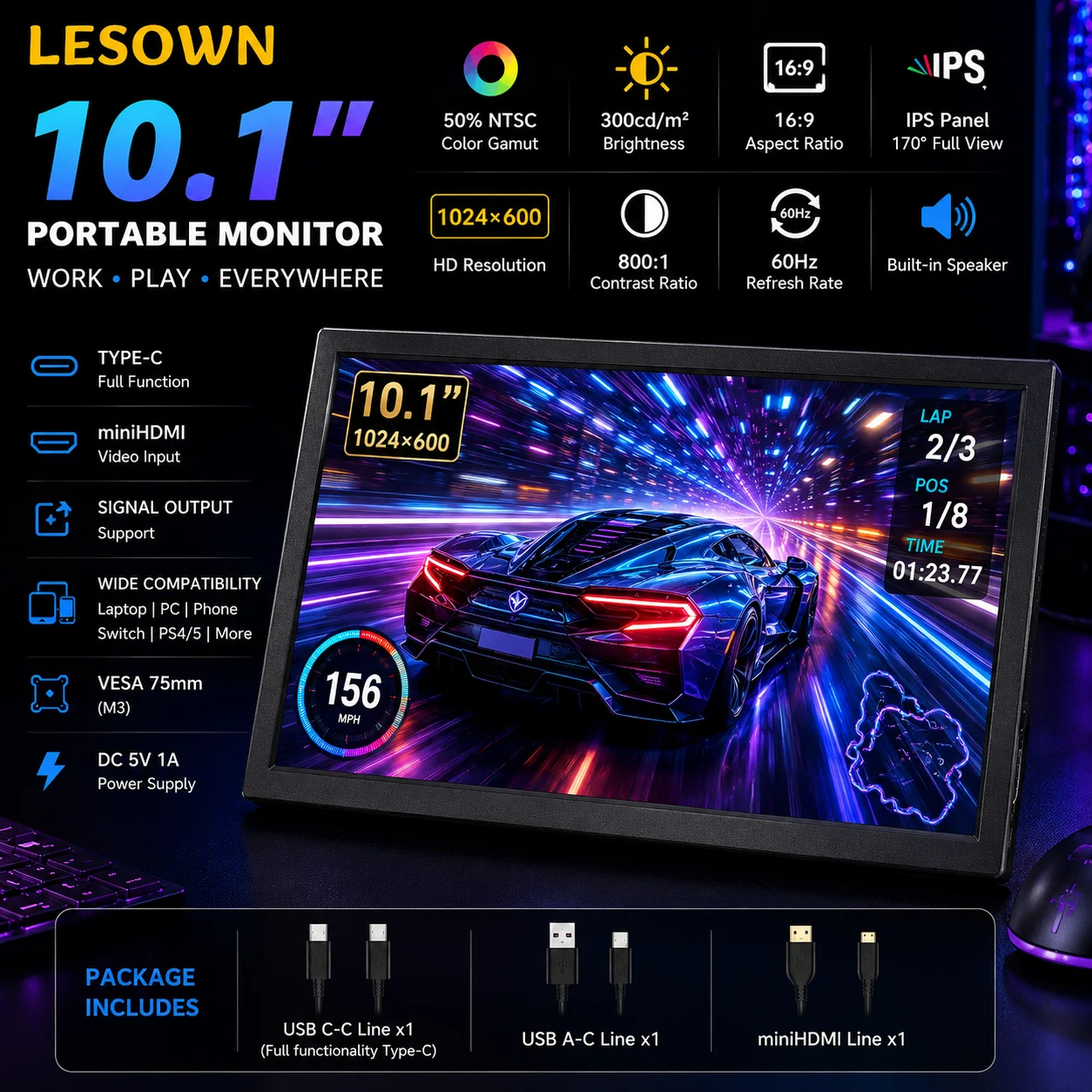 LESOWN Driver-free 10.1 Inch LCD Display VESA Mount Monitor 600p 16:9 Type-C miniHDTV External Panel