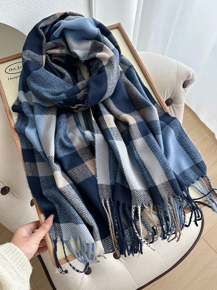 

Женский зимний вязаный шарф, платок для женщин и мужчин, повседневный клетчатый теплый шарф с кисточками, мужской платок, шаль, новый унисекс, корейский, новинка 2025 г.