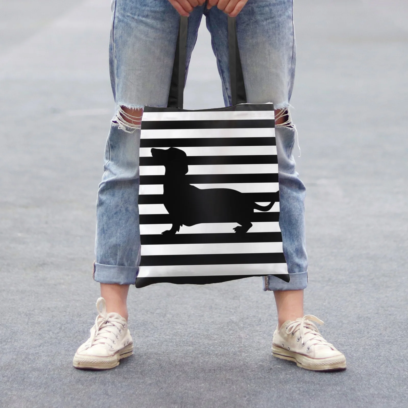Schicke Einkaufstasche mit Dackel-Aufdruck, großes Fassungsvermögen, lässige Schulterhandtasche für Damen, robuste, wiederverwendbare Einkaufstasche aus Polyester – Detail 7