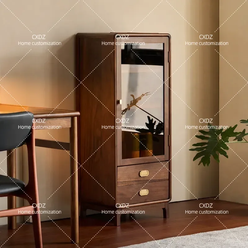 Black Walnut Solid Wood Glass Door Locker Vertical Display Cabinet Living Room Storage Chest TV Side Cabinet Household