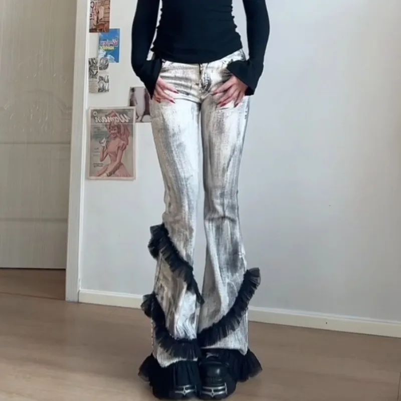 American Retro Plus Size Washed Lace Edge Micro Flared Jeans Street Style Spicy Girl Slim Fit Wide Leg Flared Pants Jeans