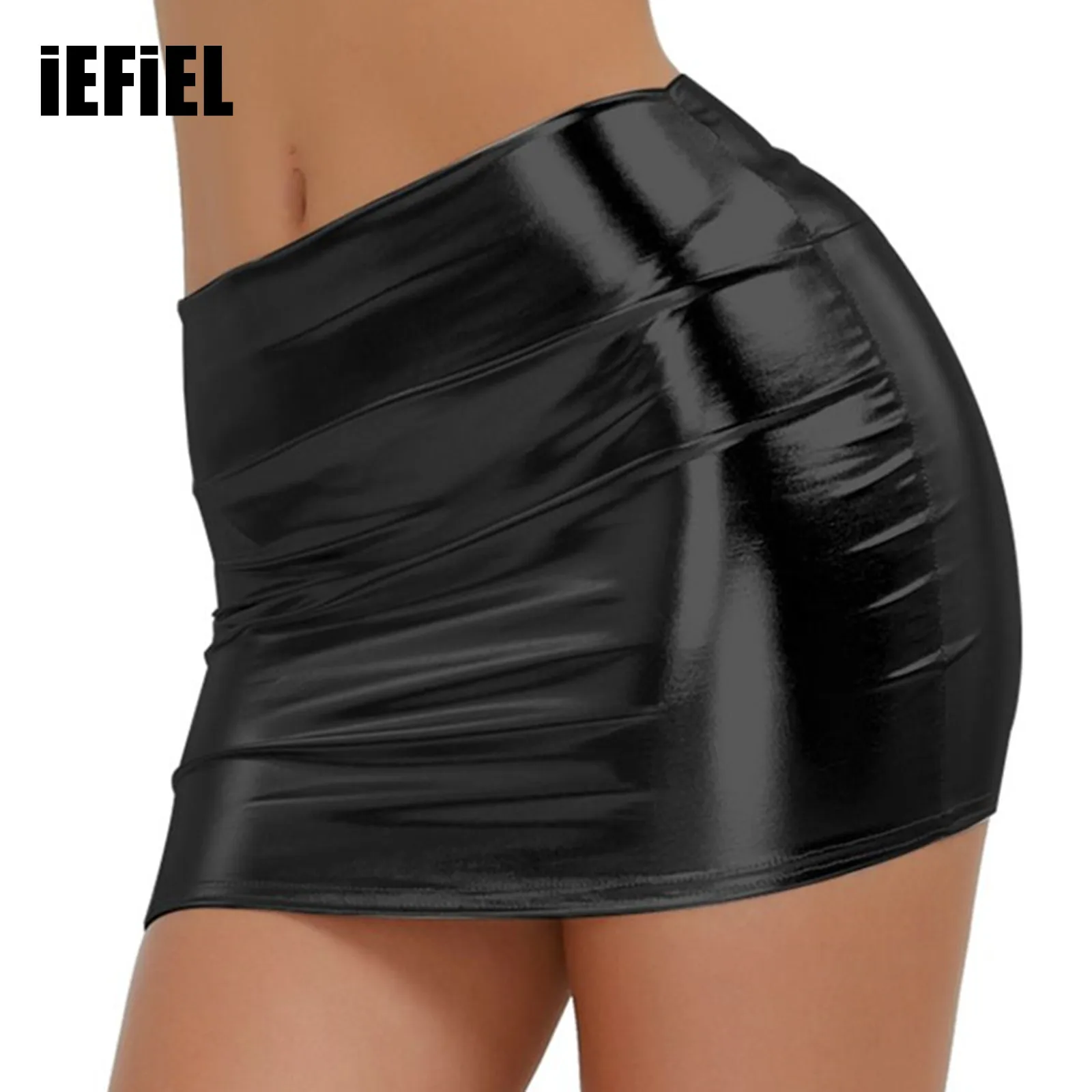 Women Sexy Shiny Patent Leather Wetlook Mini Skirt Pencil Skirts Low Waist Clubwear Partywear Performance Costume Streetwear