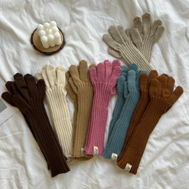 Autumn Winter Women Cashmere Knitted Lengthen Gloves Hand Warmer Full Fingered Mittens Skiing lengthen Wrist Gloves For Women