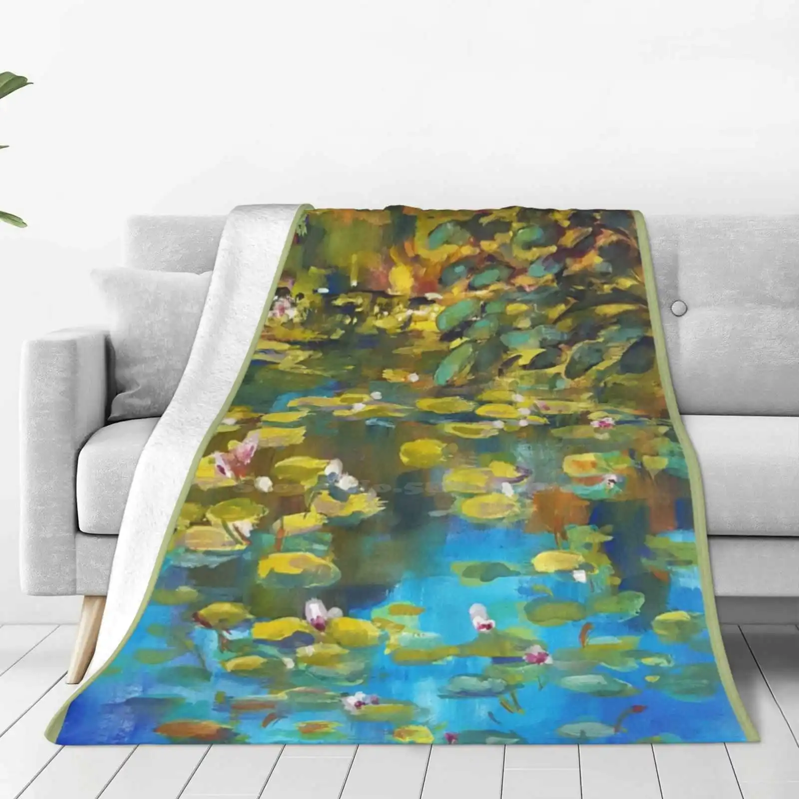 Koala Street Lily Pond Trend Style Funny Fashion Soft Throw Blanket Lilies Pond Sunshine Blue Green Wetland Terrimad Terri