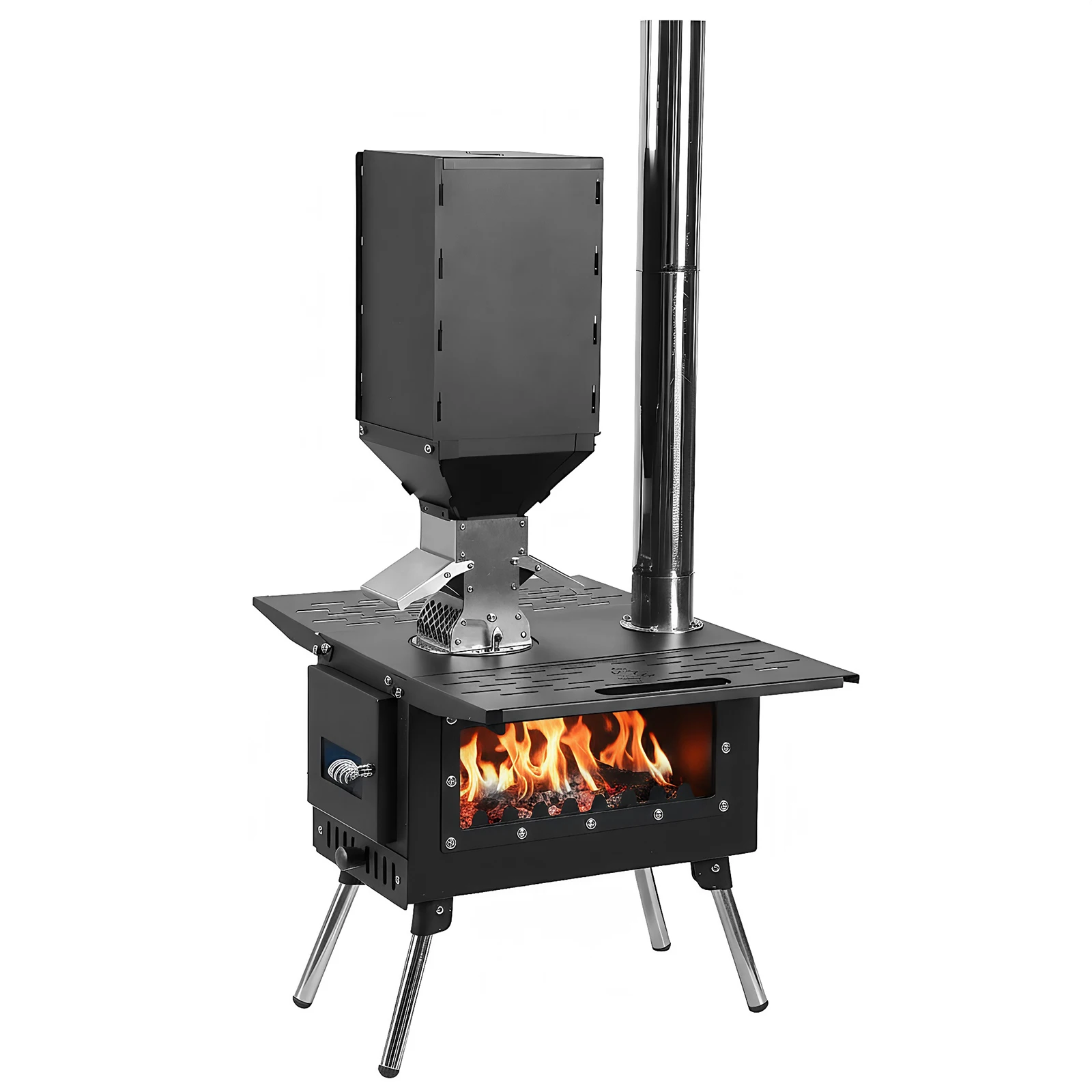 

Firewood Stove with Stainless Steel Construction Burner Chimney Pipes Included for Outdoor Heating & Cooking Ice Fishing Hunting