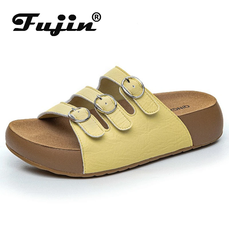 

Fujin 4,5 см, модные женские тапочки из коровьей замши, туфли-лодочки, сандалии на танкетке и плоской подошве, женские летние туфли с открытым носком