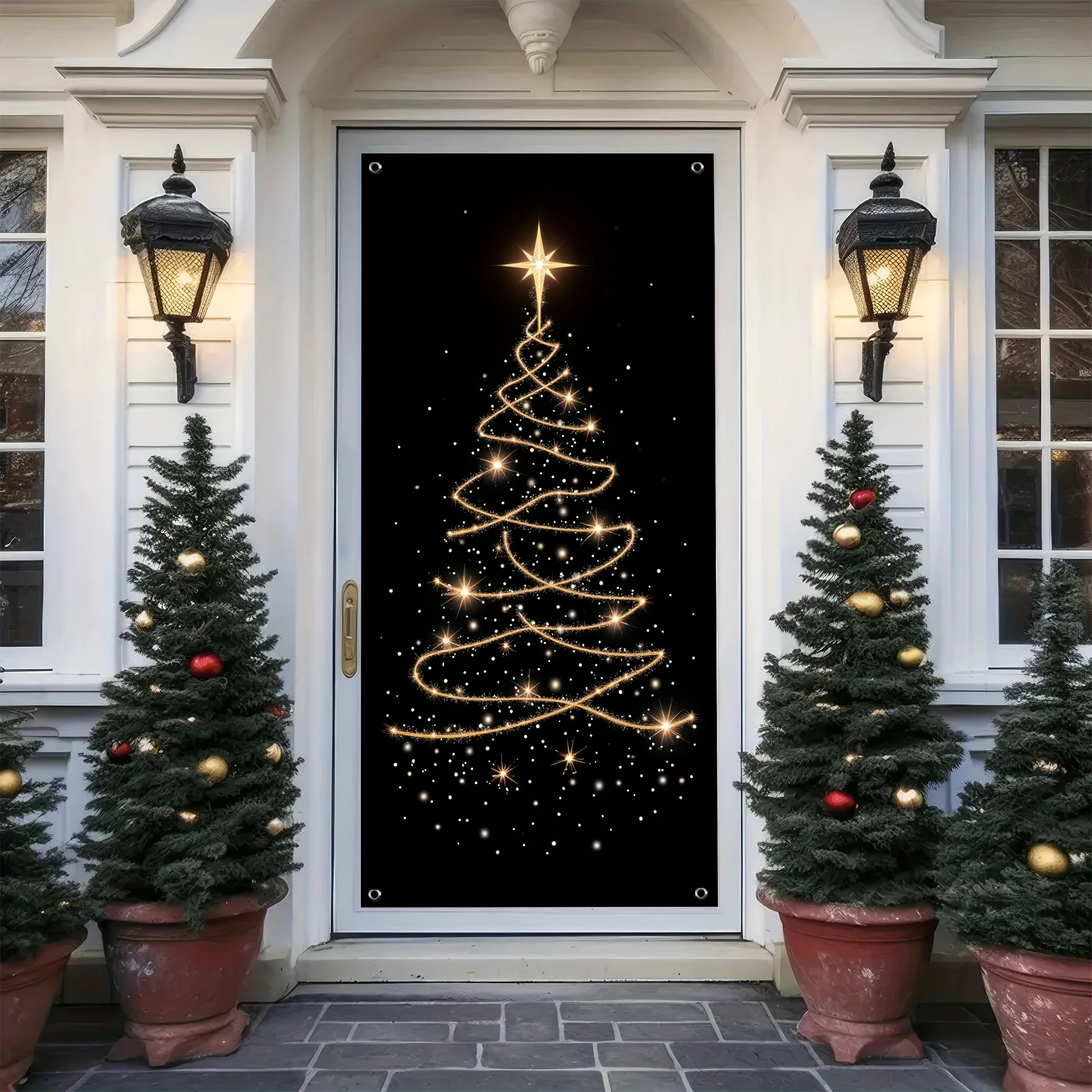 1 Weihnachtsbaum-Türflagge – goldenes Baumdesign, Sterne und Schneeflocken, perfekt für die Dekoration von festlichem Hauseingang