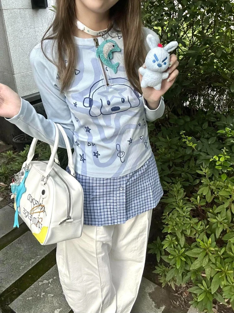 

HOUZHOU Kawaii Harajuku футболки женские Y2k синие винтажные футболки с героями мультфильмов в японском стиле милые лоскутные графические футболки с длинными рукавами