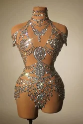 Sexy Mesh Transparent Dance Outfit Sparkly Rhinestones Bodysuit Women Performance Costume Singer Party Club Show Stage Wear