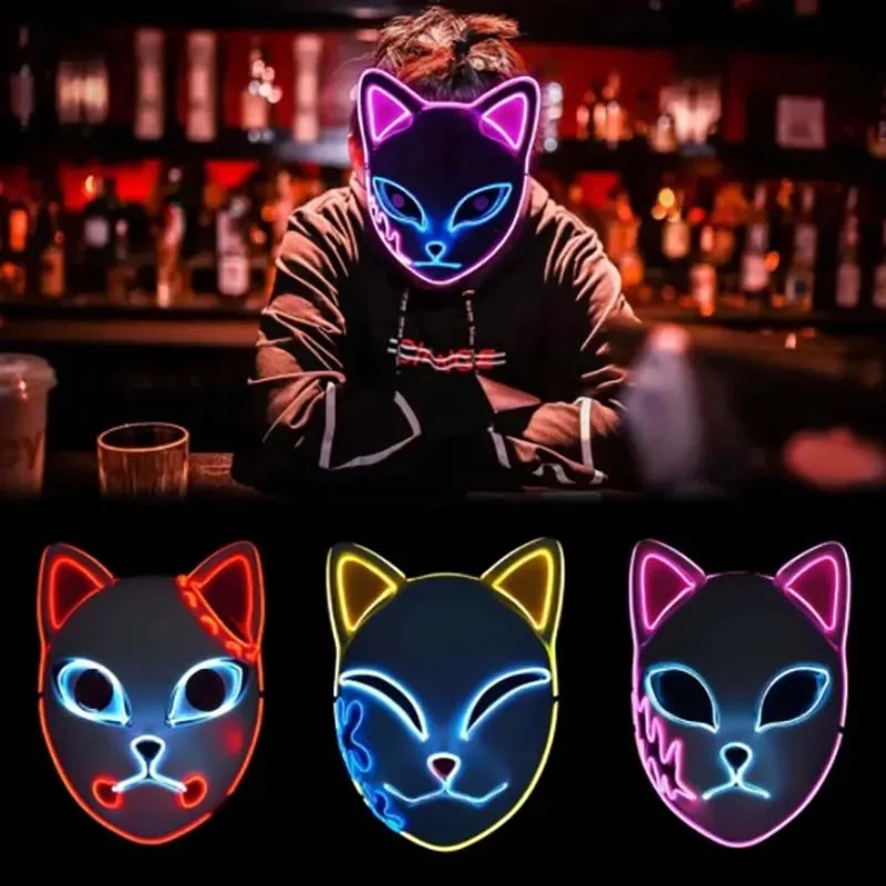 Glowing Demon Slayer Led Face Mask Anime Cosplay Prop Cat Face Fox Halloween Cold Light Flashing Mask Party Costume