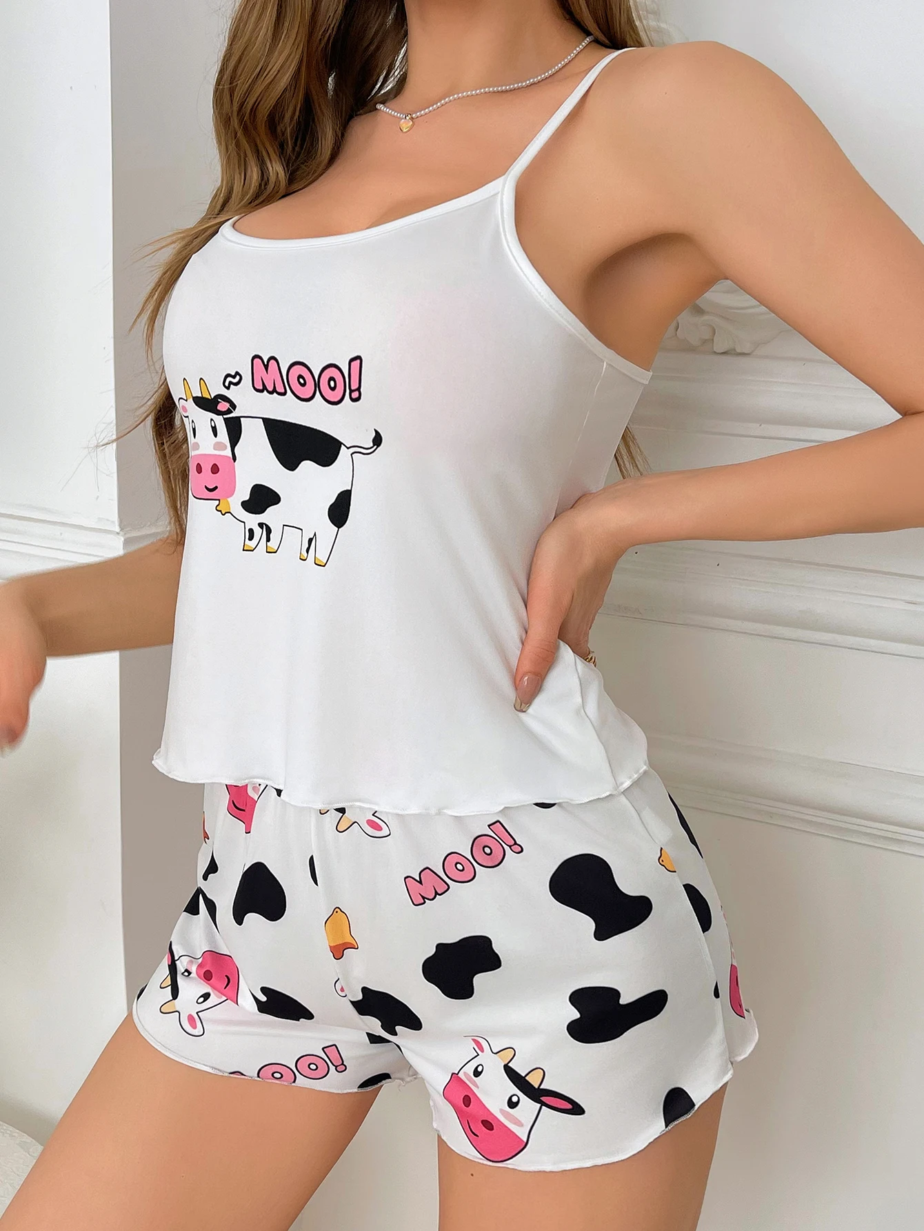 Women\'s new style pajamas white halter top cartoon cow shorts two-piece home decoration casual cute elegant