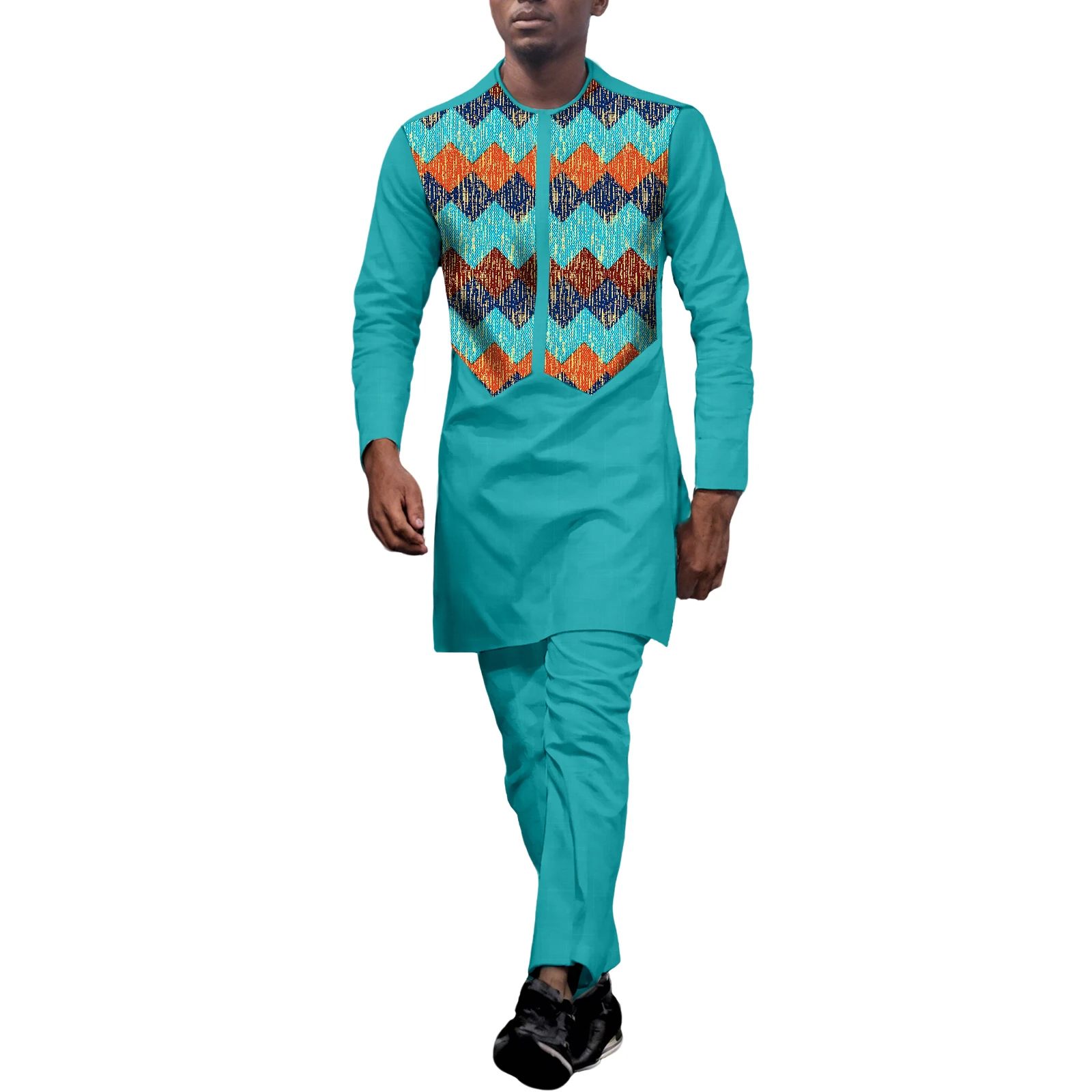 SEA&ALP African Suits For Men Kente Print Patchwork Top Shirt PantS 2 Piece Set Outfits Dashiki Clothing Ankara Attire