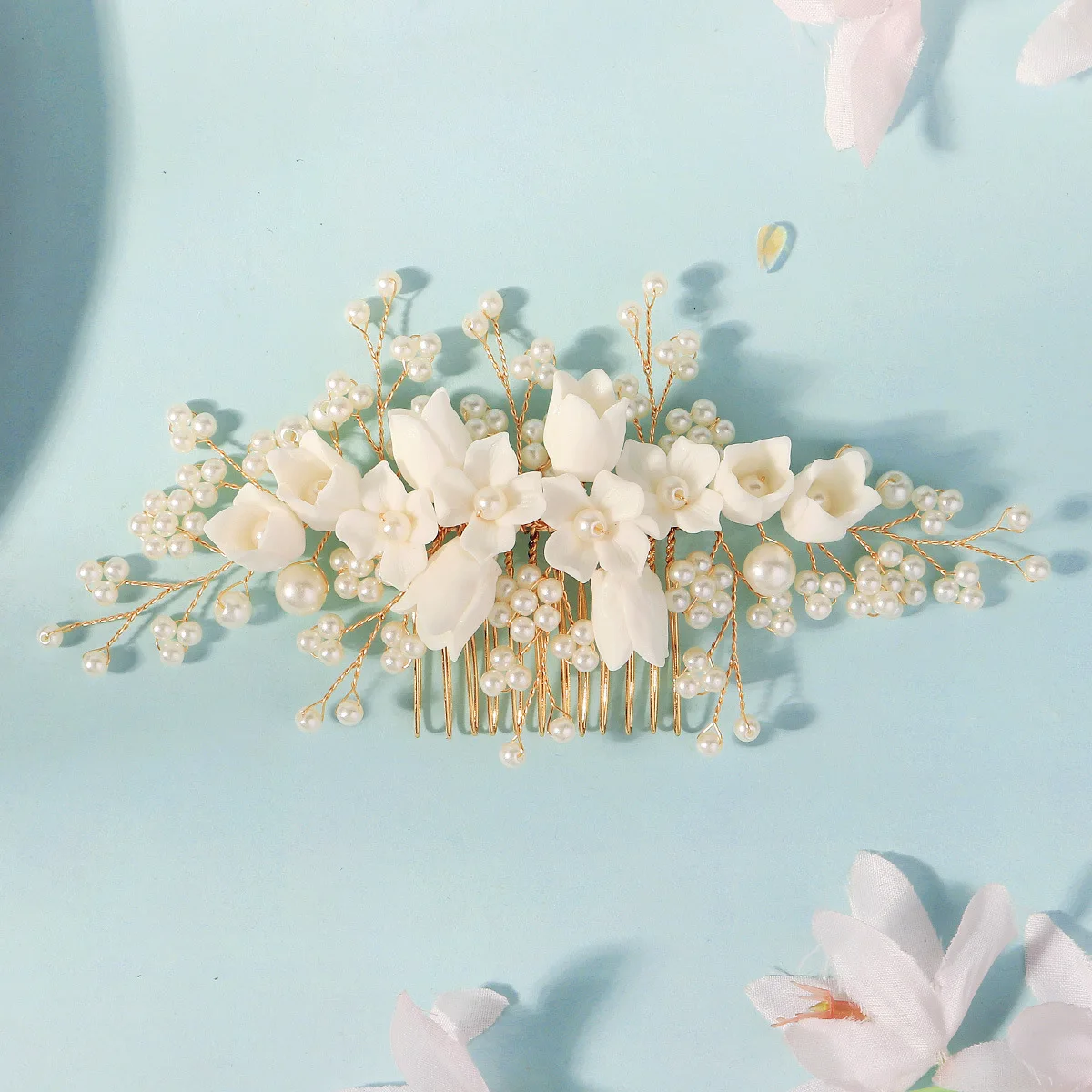 Floralbride اليدوية كريستال الراين اللؤلؤ الخزف زهرة الزفاف أمشاط الشعر أغطية الرأس الزفاف وصيفات الشرف النساء مجوهرات