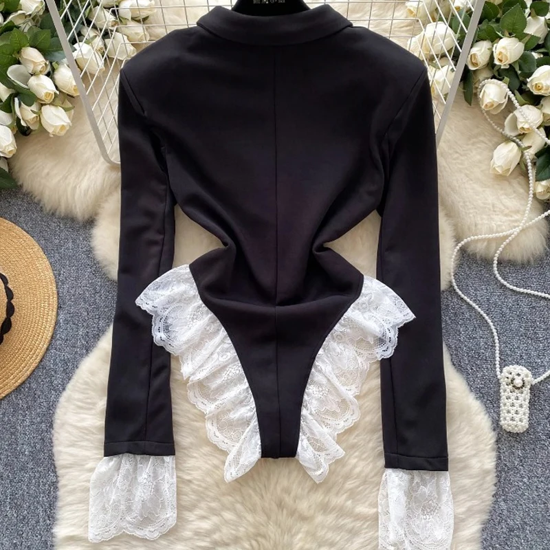 Toucheart مثير الملابس الداخلية نيسيي للنساء العميق الخامس الرقبة الدانتيل المرقعة طويلة الأكمام بذلة مثير التباين اللون الملابس الداخلية دعوى جديد #2