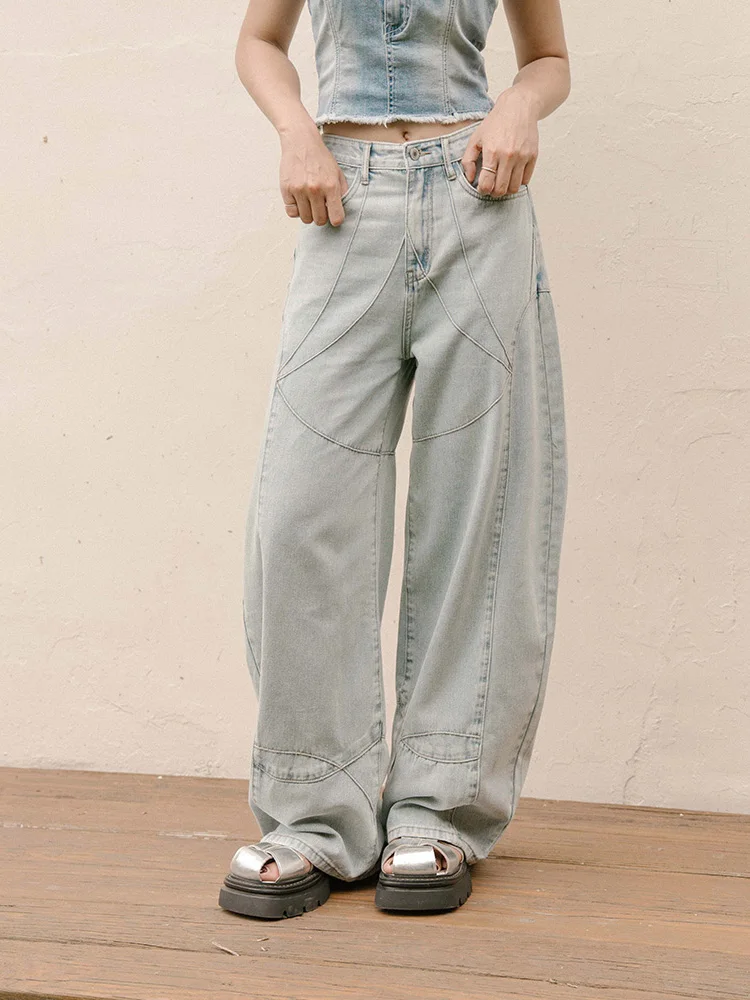 

Queenop Spring Summer 2025 Women's Casual Loose Fit High Waist Denim Jeans Light Blue High Waist Zipper Cotton Blend
