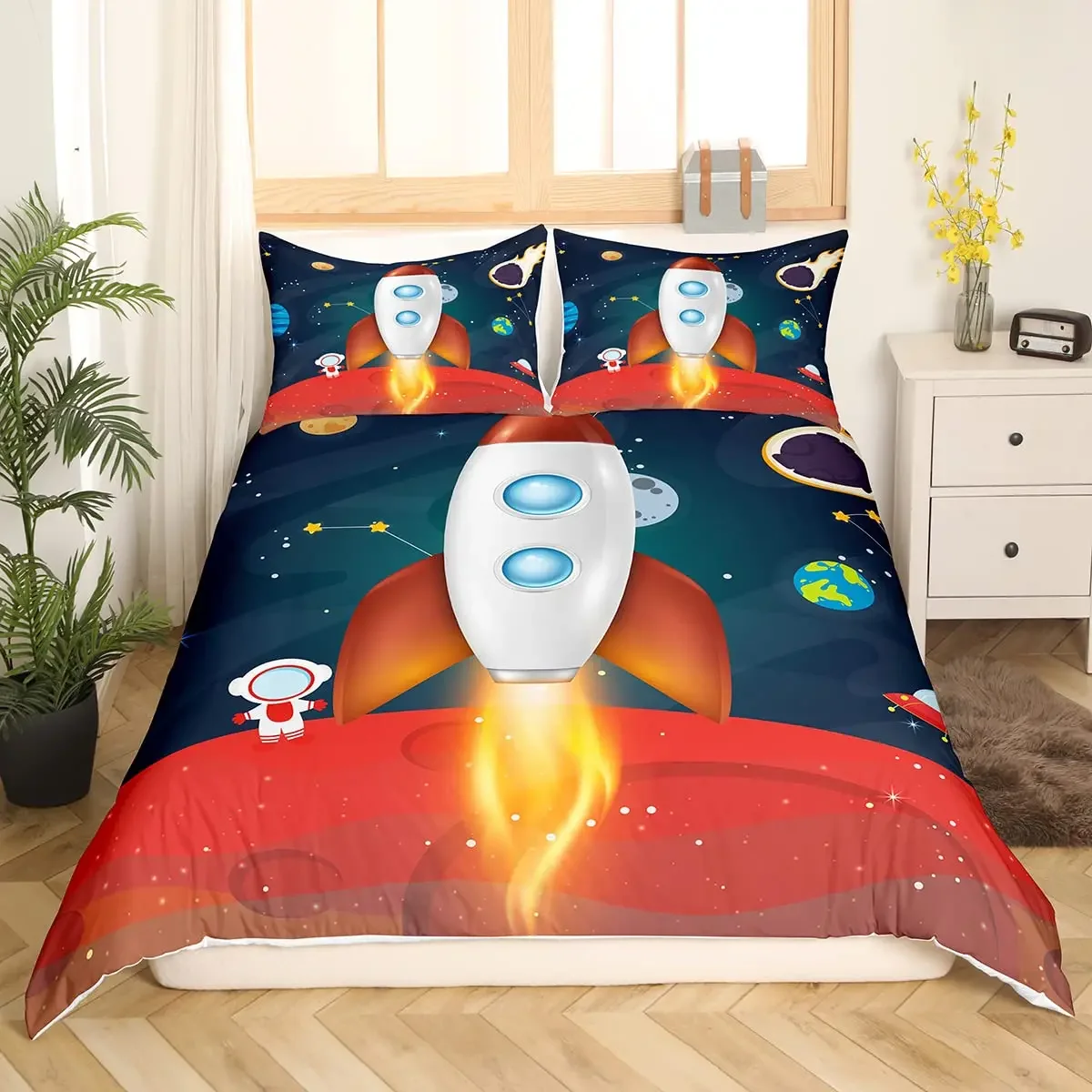 Space Rocket King Full Duvet Cover Galaxy Outer Space Bedding Set Cartoon Astronaut Planet Comforter Cover Polyester Quilt Cover