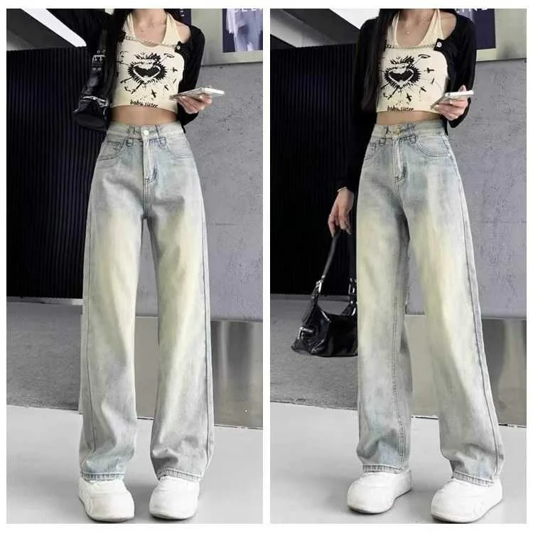 

American Style High Waist Straight Leg Jeans Women's High Street Vintage Mud Yellow New Spring Autumn Loose Wide Leg Pants