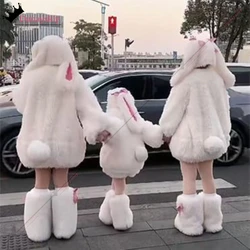 Kawaii Rabbit Cosplay Furry Costumes Family Adults Kids Uniform Winter Hoodies Warm Zip-up Casual Suit Tops Pants Hoodie Set