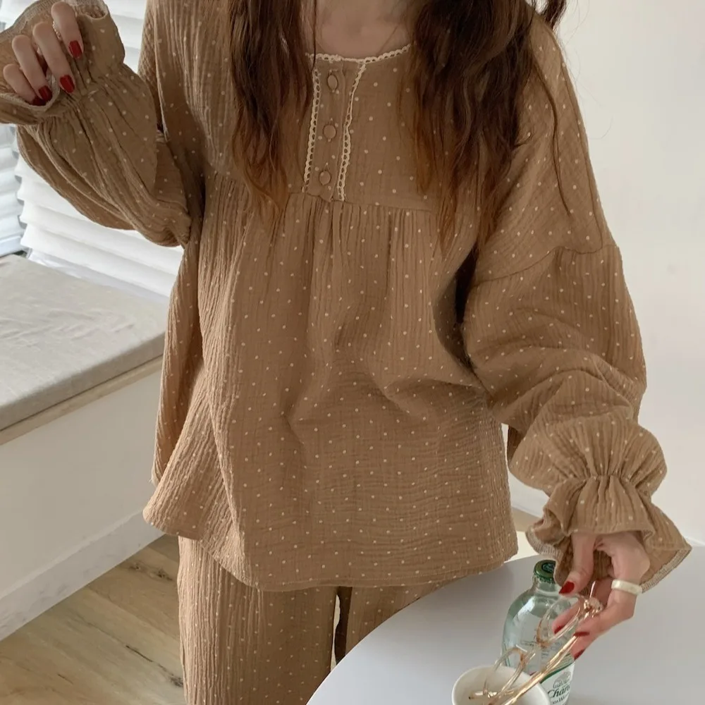 

Spring/Fall Korean-Style Cute Crepe Pajamas for Women: Long-Sleeve Top and Long Pants, Loose-Fitting Student and Loungewear Set