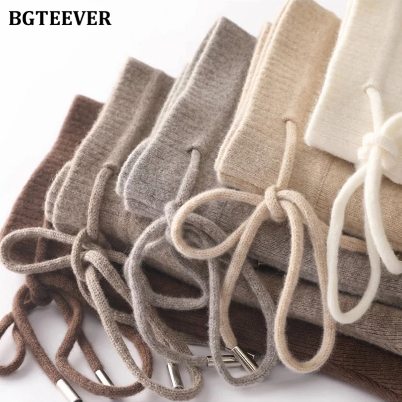 BGTEEVER Elegant Warm Loose Female Drawstring Knitted Pants Winter Elastic Waist Pockets Wide Leg Sweater Trousers for Women