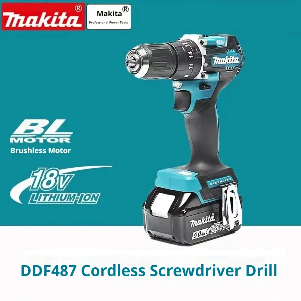 Makita DDF487 스크루 드라이버 무선 타악기 드릴, 18V 전기 가변 속도 브러시리스 모터 임팩트 전동 공구 전동 드릴