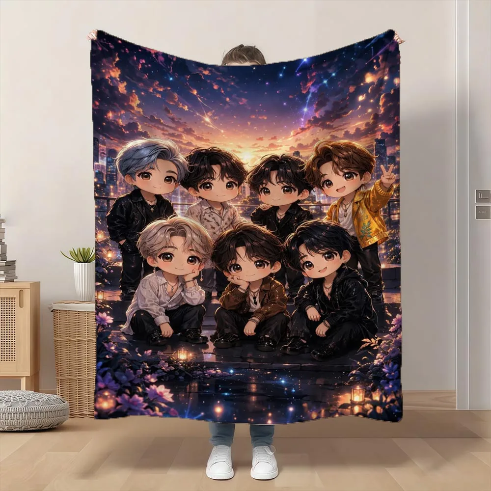 Cute Anime Boy Friends Group Galaxy Starry Night Throw Blanket Plush Fleece Polyester Decor Cozy Home Gift for Bedroom Living Ro