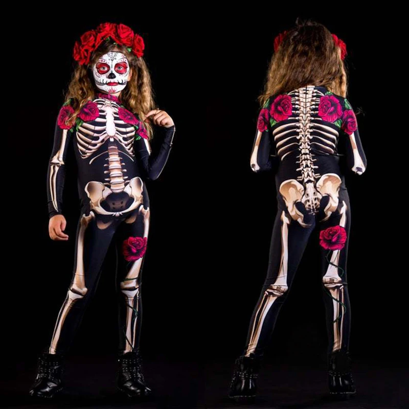 

2025 Rose Skeleton Kids Scary Costume Halloween Cosplay Jumpsuit Carnival Party Baby Girl Rompers Clothes