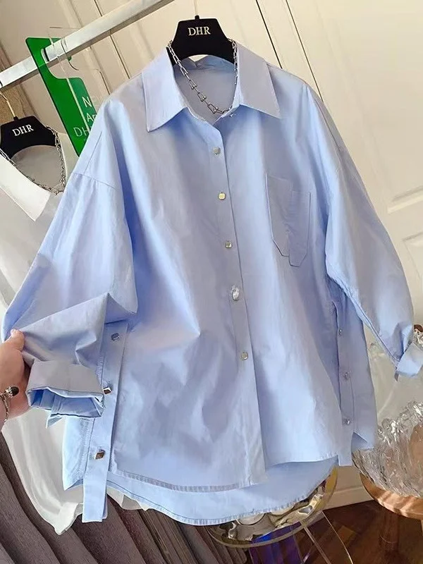 

High-End plus Size 300 Pou Pure Color Loose Metal Bule irt for Men And Women Spring Slimming Top Casual Sle Long Sve