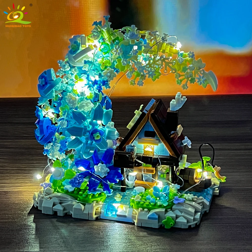HUIQIBAO 1343 Uds. MOC Luna flor casa Micro bloque de construcción casa de madera modelo diamante ladrillo juguete para niños decoración de escritorio