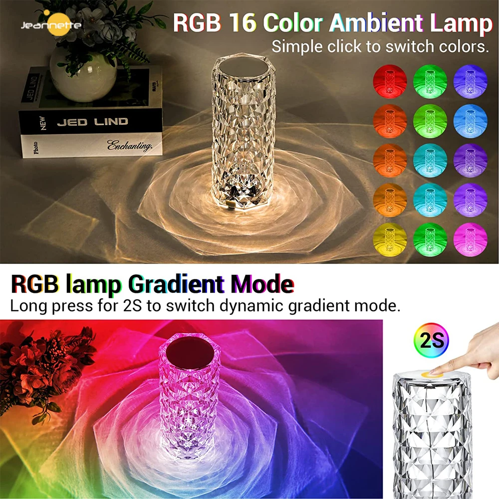 LED Crystal Table Lamp Rose Light Projector 3/16 Colors Touch Adjustable Romantic Diamond Decorate Light USB Touch Night Light