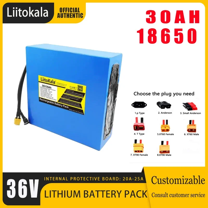 LiitoKala 36V30AhElectric Bike Battery Built in 20A BMS Lithium Battery Pack 36 Volt with 2A Charge Ebike Battery