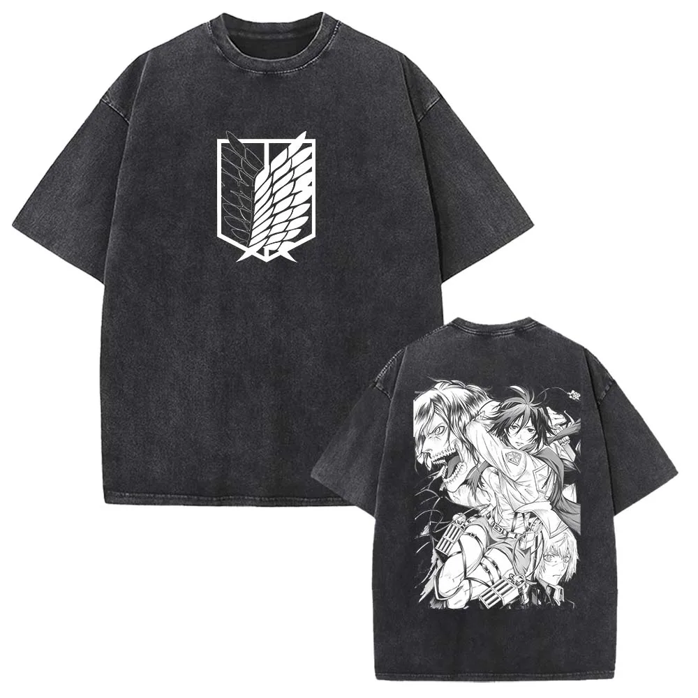 Attack On Titan Eren Jaeger Mikasa Shingeki No Kyojin T Shirt Men Women Washed Cotton T-shirts Manga Retro Tee Harajuku Tshirt