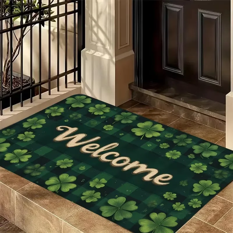 Green and Gold Welcome Door Mats with Four Leaf Clover Anti Slip Indoor Mats for St. Patrick's Day Hand Door Mats Front Doors