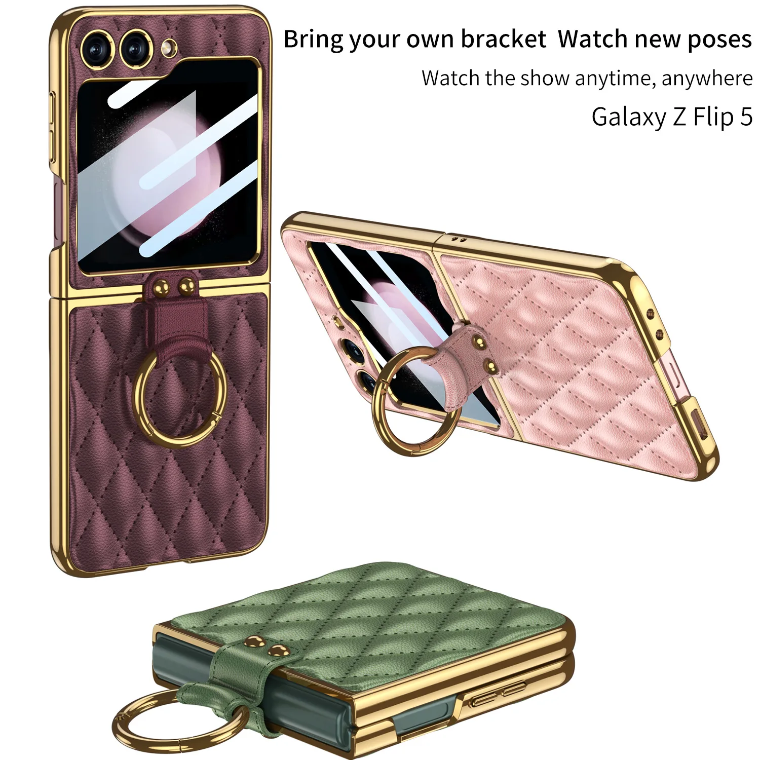 

For Samsung Galaxy Z Flip 5 Small Fragrance Finger Ring Phone Case Lattice Pattern Fashion High-Value Folding Protective Case