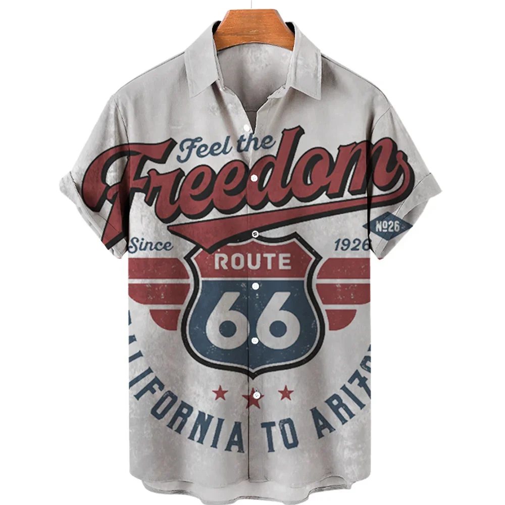 Hawaiian New Men's Shirt Route 66 Street Classic 3d Printed Short Sleeve Tee Rock Music Lapel Plus Size Man Top Vintage Clothes