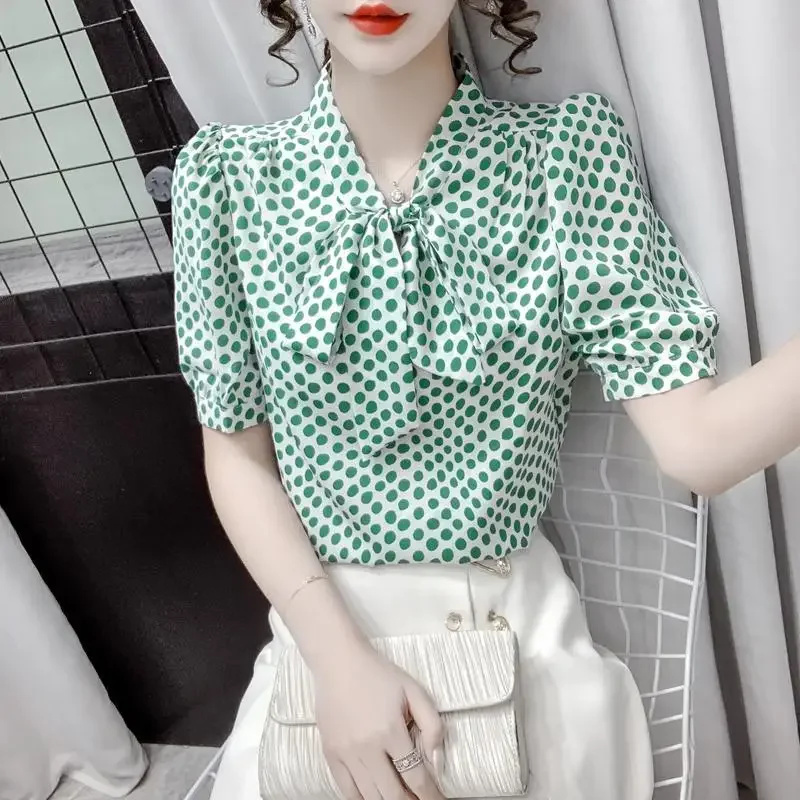 Clothes Tops for Women Green Frill Printed Chiffon Womens Shirt & Blouse Dots Ruffle Short Sleeve Sale of Novelty 2024 M Pretty