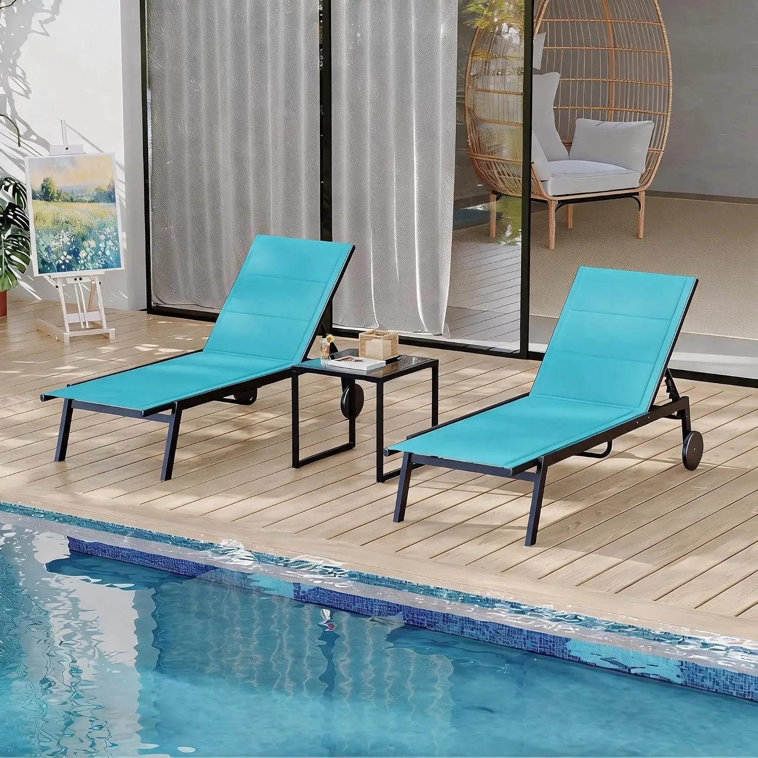 Garvee 1set Outdoor Lounge Chair with Side Table, Iron Frame 5 Position Recline Rolling Wheels Move Loungers Easily Side Table Holds Drinks & Books, Breathable Fabric Stays Cool