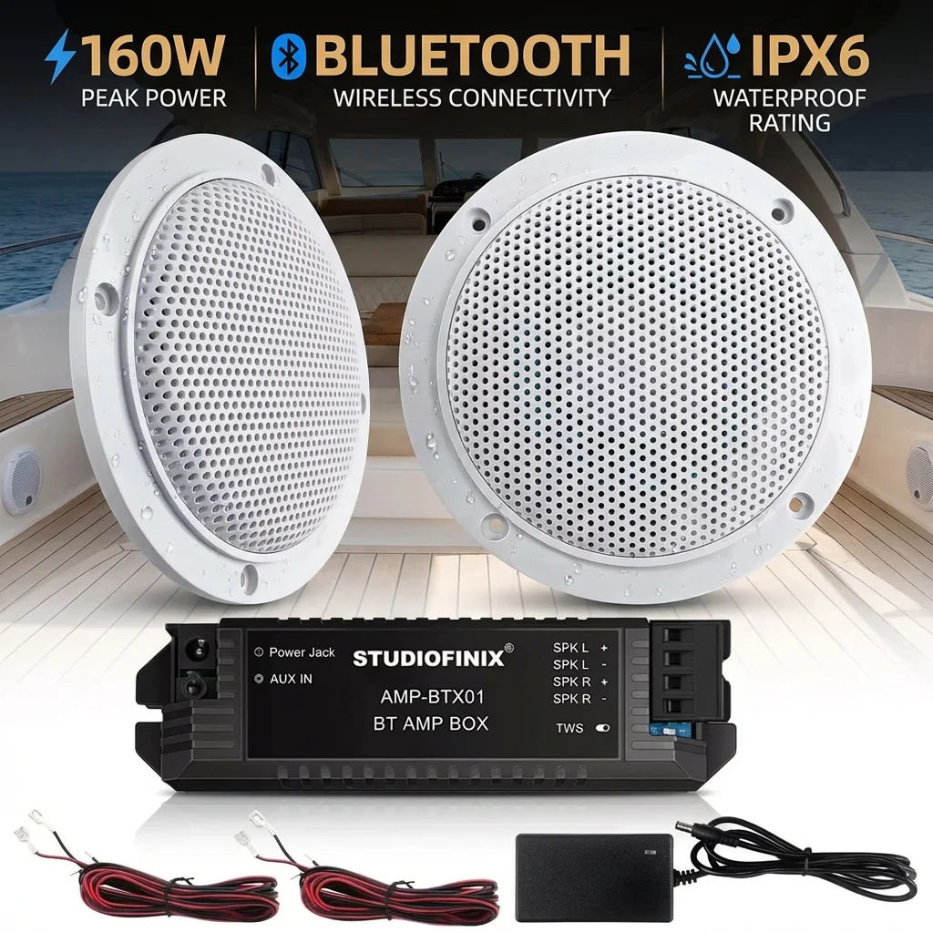 STUDIOFINIX 4'' 160W Haut-parleurs de plafond Bluetooth étanches - Haut-parleurs marins ultra-minces pour maison, caravane, camping-car et bateaux 2PC