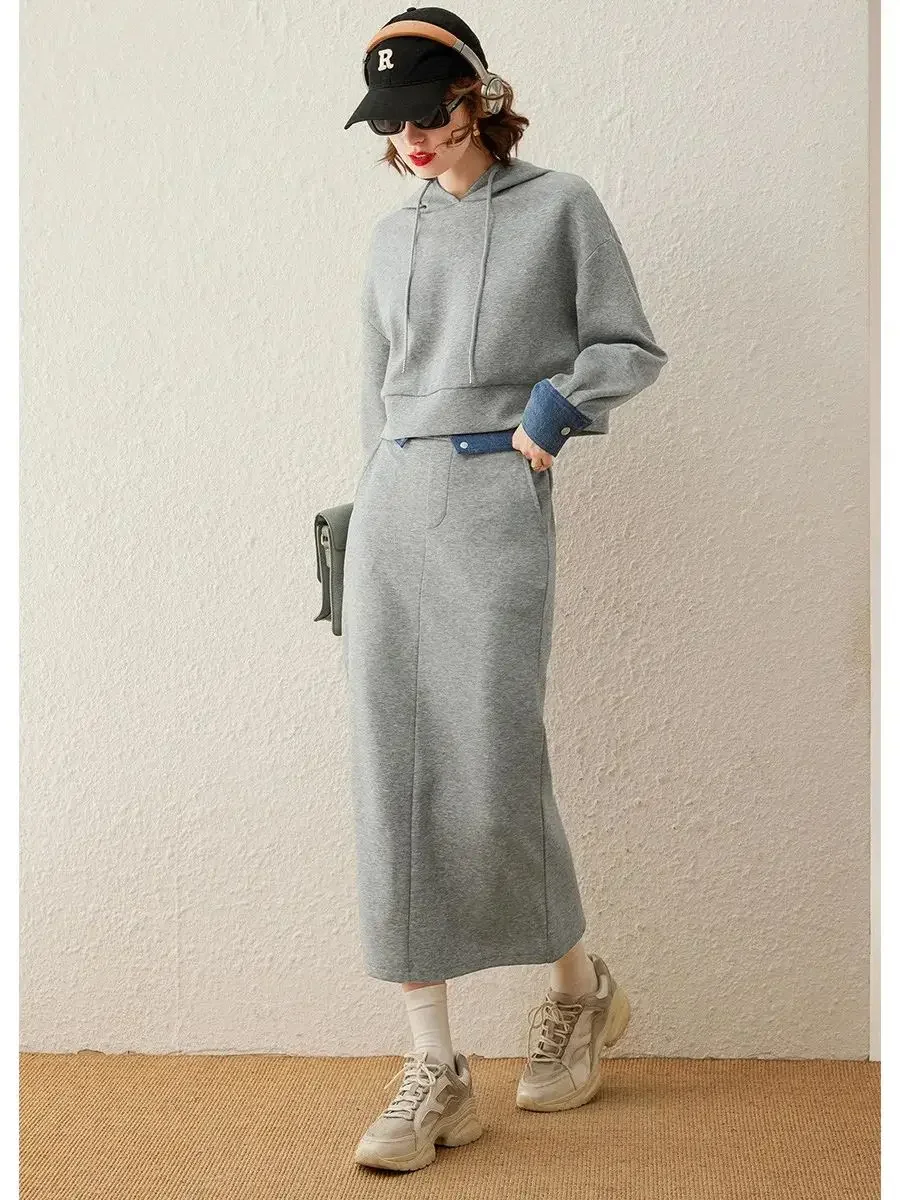 LOUIS YAO Women Hooded Dress 2026Autumn Matching Sets Color-block Spliced Two-piece Set Long Sleeve Sweatshirt+Long Dress Skirt