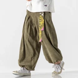 Chinoiserie Belt Men Pants Fashion Loose Harajuku Sports trousers Hip Hop Jogging Pants Corduroy Casual Couple Harem Pants M-5XL