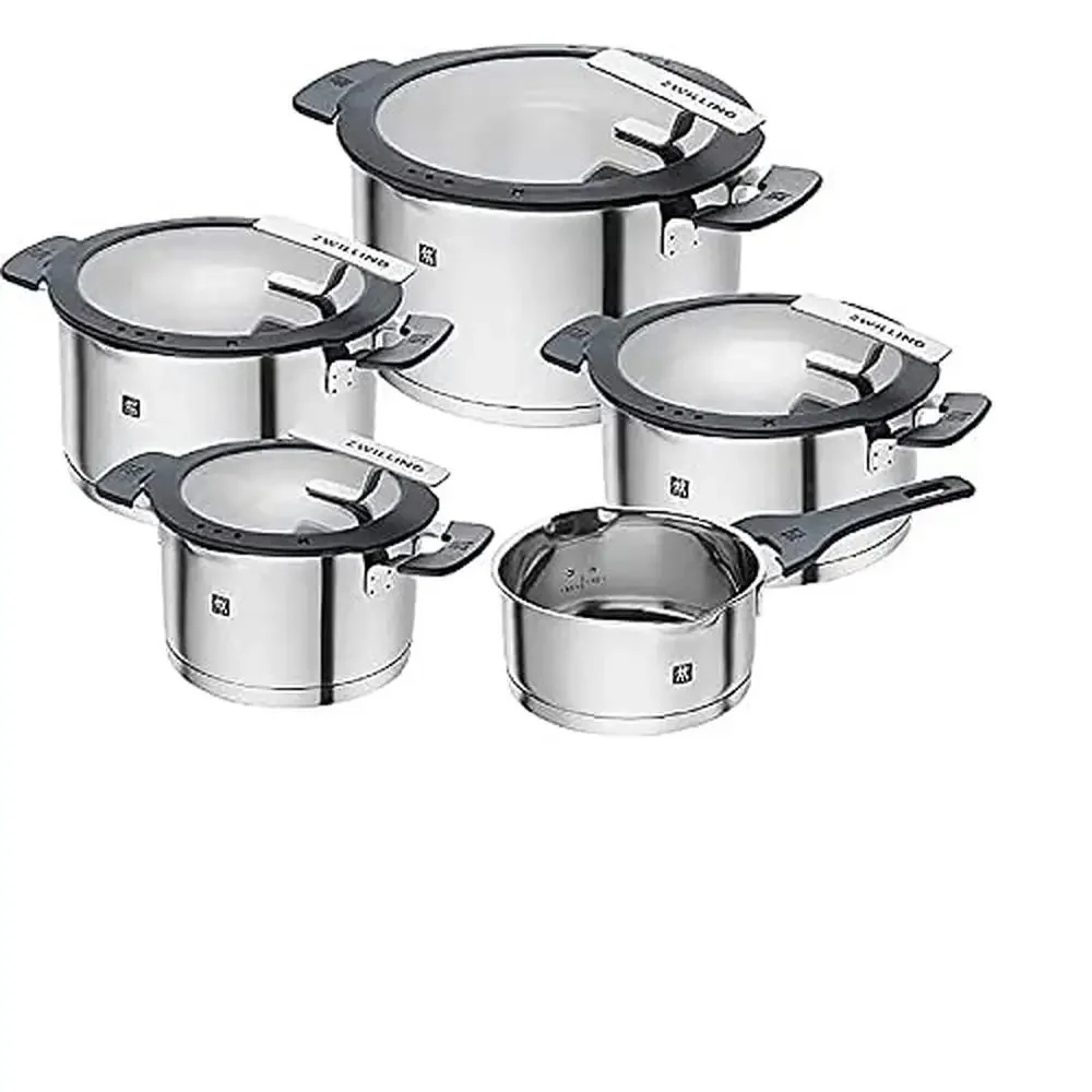 Stainless Steel Kitchen Cookware Set 9-Piece Grey Pots Induction Compatible SIGMA Classic  Base 18/10 Material Lid Holder &