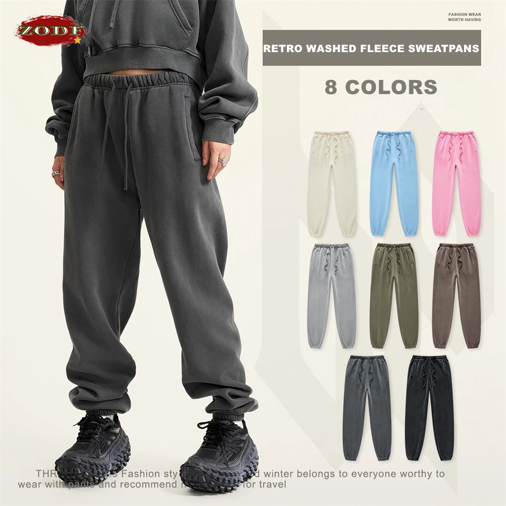 ZODF 2023 Autumn Winter Men's Washed Sweatpants Retro Unisex Loose 355gsm Warm Fleece Solid Joggers Pants Streetwears HY0653