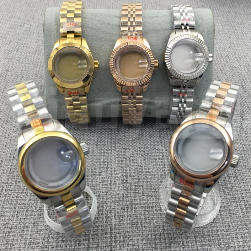 NH05 Cassa per orologio da 28 mm in acciaio inossidabile con vetro zaffiro scanalato e curvo lucido per donna, adatta al movimento NH05 NH06 impermeabile