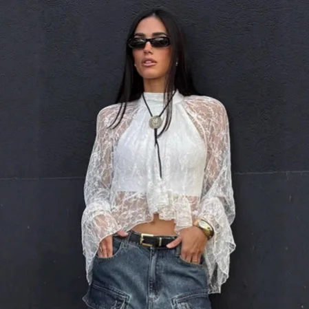 

Sexy Lace Jacquard See Through Flare Sleeve Women T-Shirt Turtleneck Loose Crop Tops Winter Elegant Lady Streetwear Tees