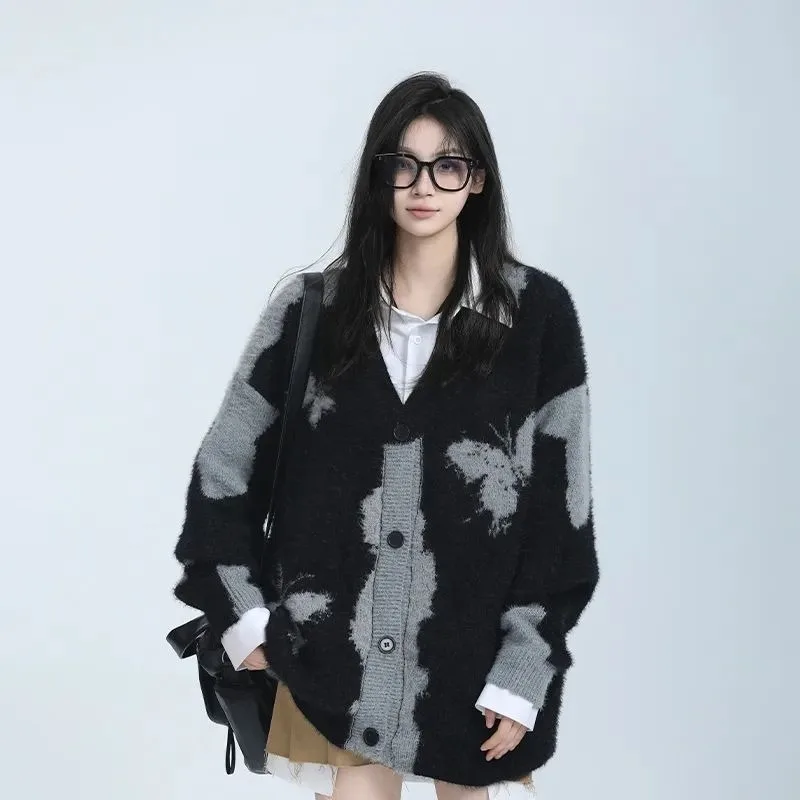 

Men's and Women's Spring and Autumn Cardigan Sweater Knit Butterfly Couple Color Blocking Retro Jacquard Niche Design Simple