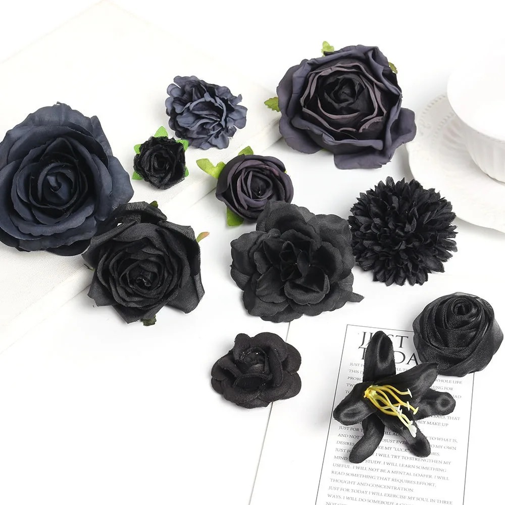 2/5/10Pcs Black Artificial Flowers Heads Wedding Decora Fake Flowers for Room Flower Wall Decor DIY Wreath Crafts Gift Accessory