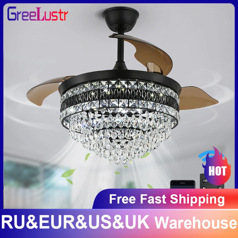 Crystal LEDCeiling Fan With Remote Control Six Speed Adjustment Fan Chandeiler Lamp Livingroom Bedroom Lighting Fixtures 42 Inch