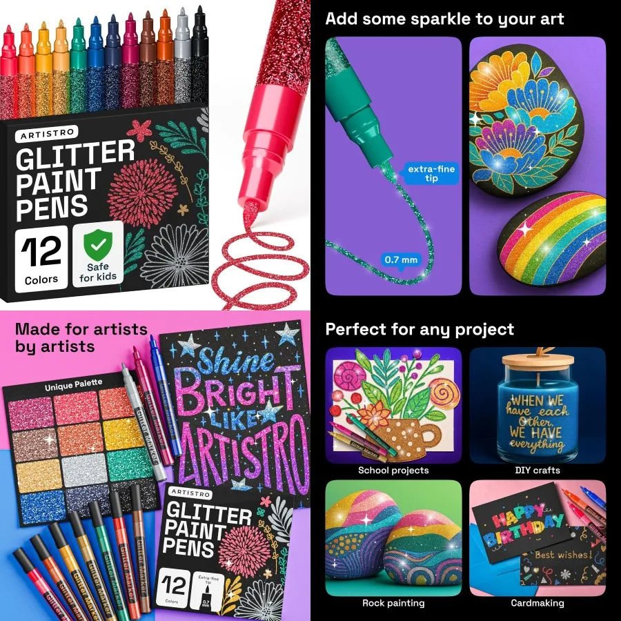 

ARTISTRO 12 Glitter Paint Pens Sparkly and Shiny for Glass Rock Painting Ceramic Wood Fabric Scrapbooking DIY Craft Making Colo