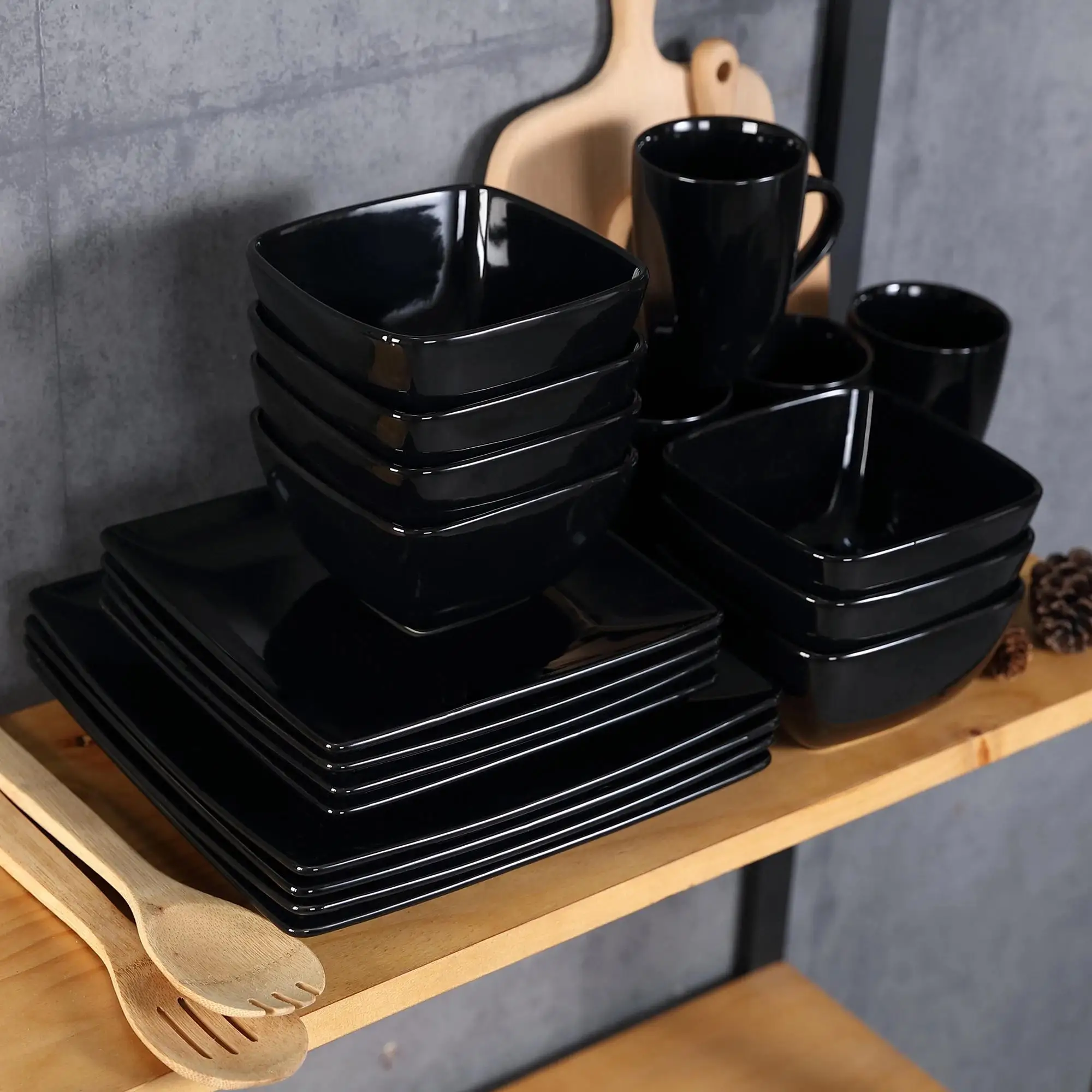 

Set of 16 Black Ceramic Porcelain Square Dishes Including Dinner Plates, Dessert Plates, Bowls, And Mugs for Four Individuals